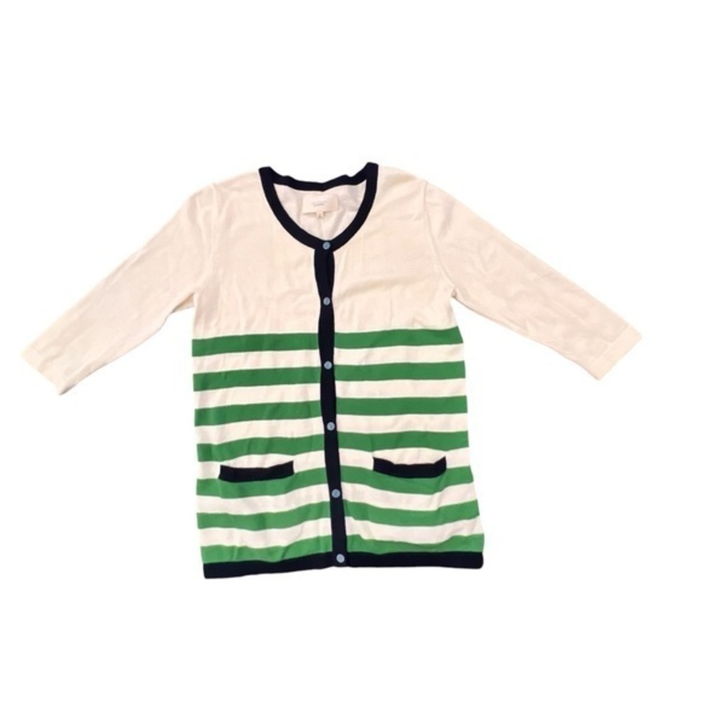TROVATA Birds of Paradis Women's Green Ivory Striped Cardigan Size Medium Cotton